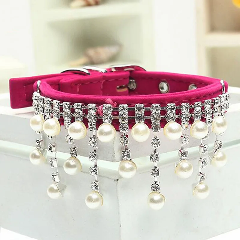 New Fashion Female Wedding Pet Products Cats Velvet Crystal Pearl Necklace Luxury Jewelry Dog Pet Cat Collar 5 Color 3 Size