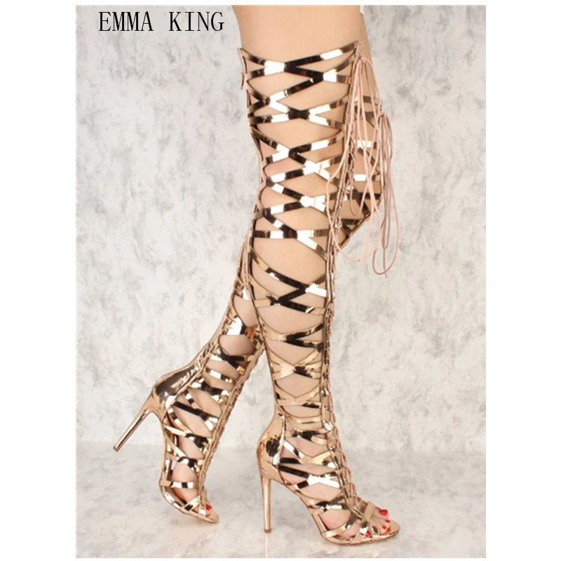 Emma King Women Summer Lace Up Thigh High Boots Stilettos Sexy Peep Toe Over The Knee Sandals Cross-tied Gladiator Party Shoes43