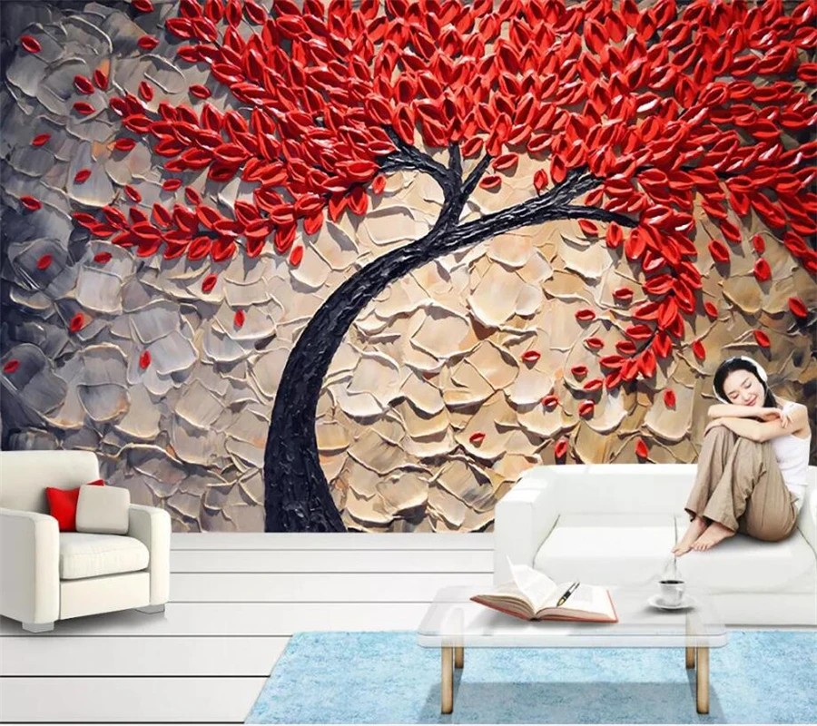 

wellyu Custom wallpaper 3D murals red fortune tree oil painting bedroom knife painting rich living room wall papers home decor