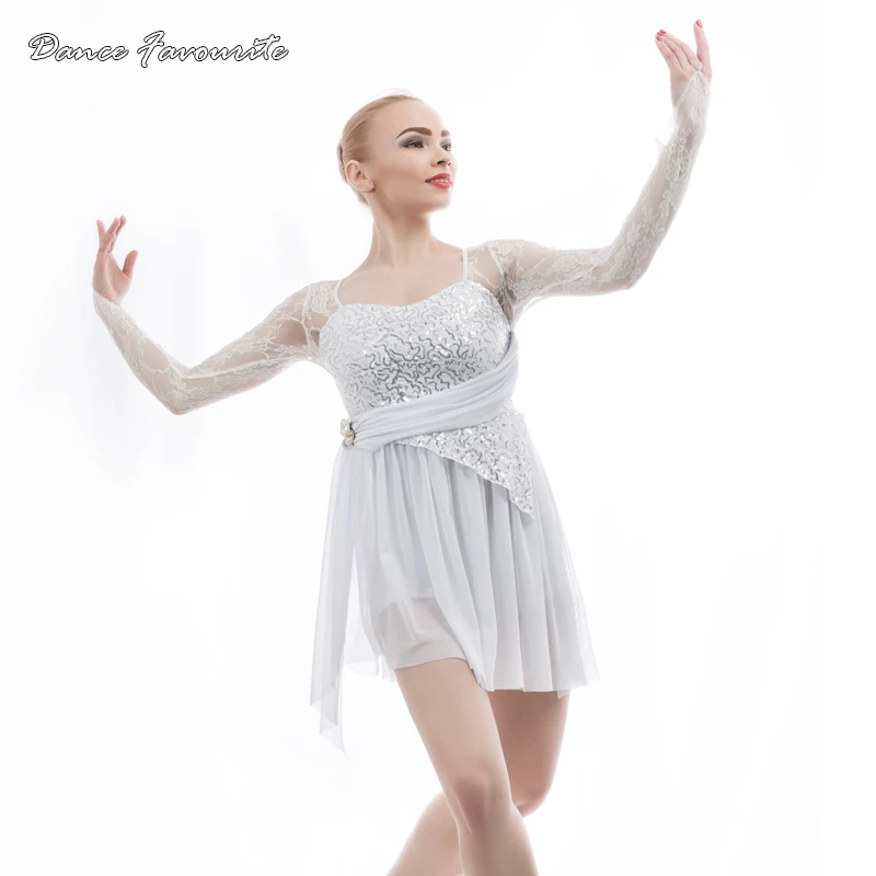 Dance Favourite Dance Costumes 16034 Silver Sequin Spandex and White Lycra Bodice Lyrical & Contemporary Costume Dress