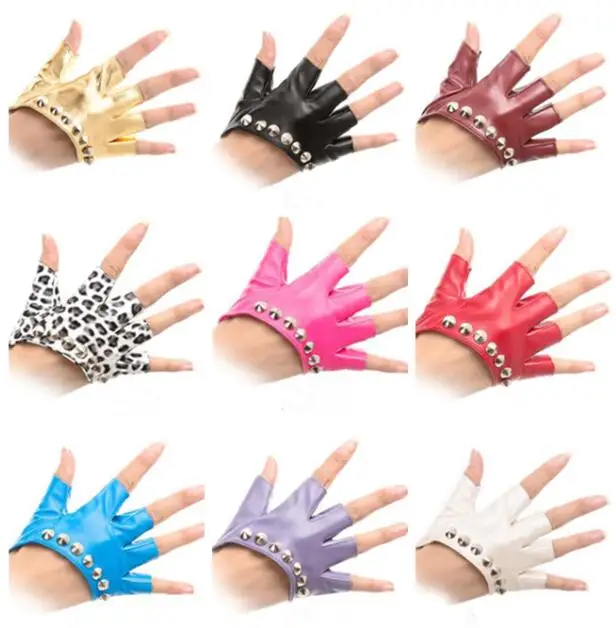 Women's gloves half palm PU Leather gloves shriveled punk rivet semi-finger gloves ds costume jazz fingerless gloves