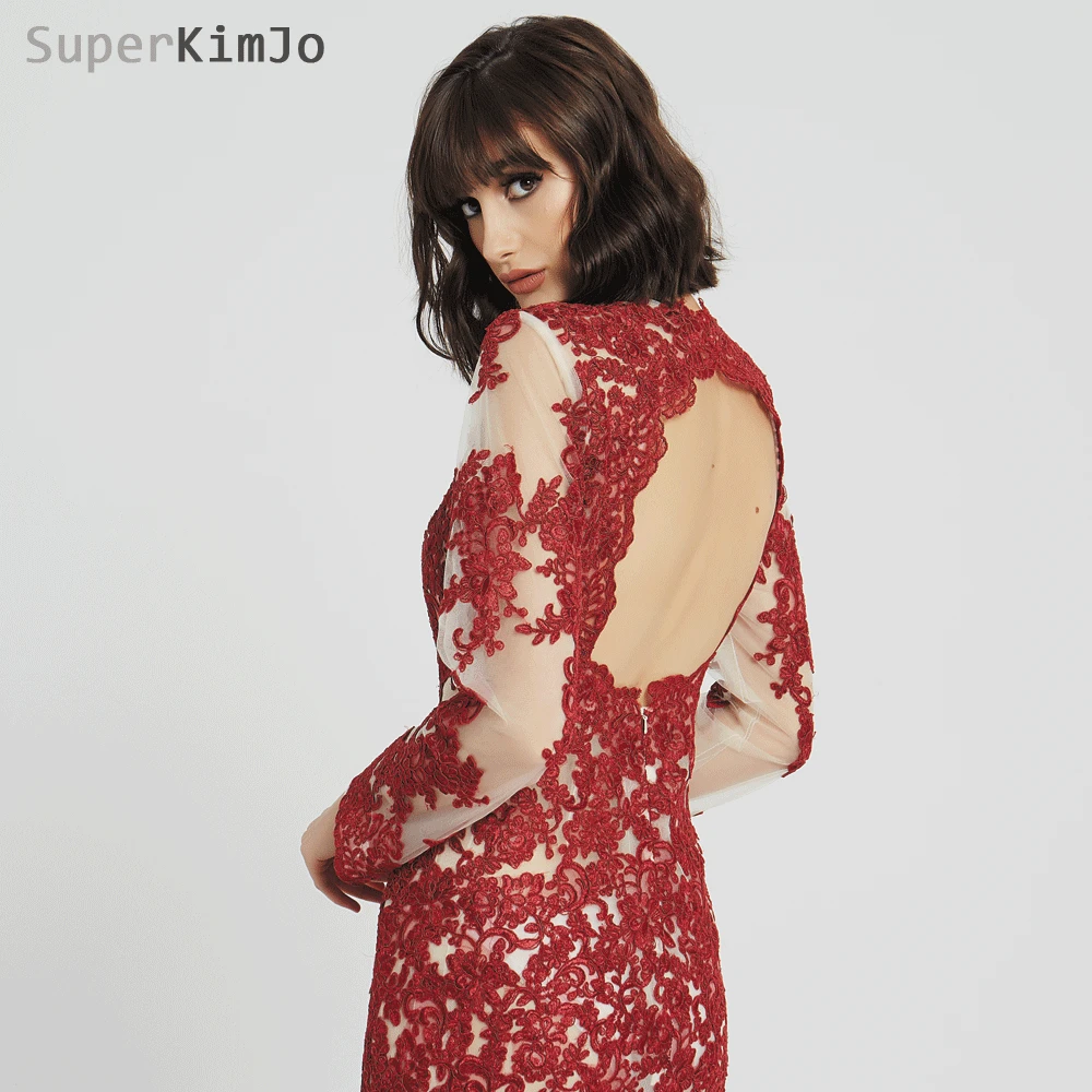 SuperKimJo 2019 New Arrival Formal Dress Long Sleeve Lace Applique Evening Dresses Elegant Tiered Burgundy Evening Gown