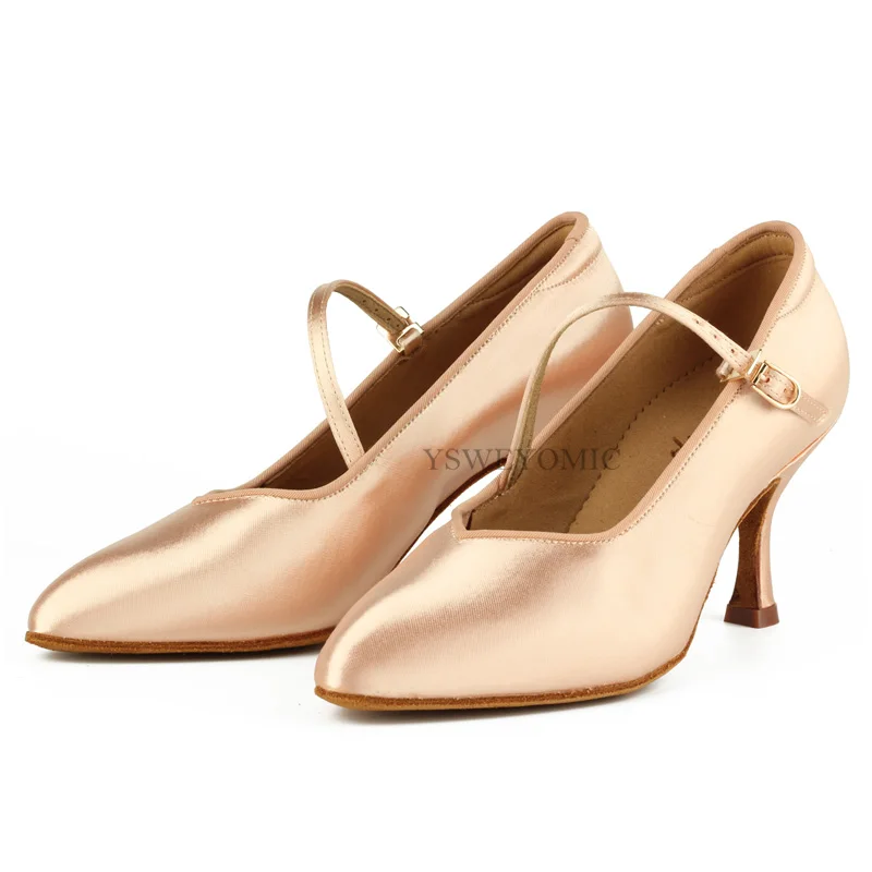 Ballroom Standard BD Dance Shoes Flesh Tan Satin Leather Sole Low High Heel Latin Bachata Ballroom Dance Shoes For Women BD138