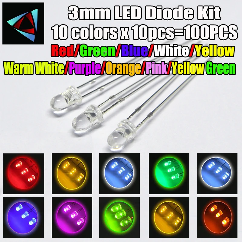 100szt (10 kolorów x 10szt) Zestaw diod LED 3mm 3 mm 3V Zestaw emitujących światło Ciepła biel Zielony Czerwony Niebieski Żółty Pomarańczowy Fioletowy UV Różowy