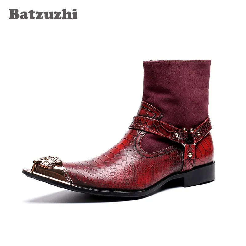 Batzuzhi Rock Party Boots Men Pointed Metal Tip Motorcycle Boots Men Botas Hombre Red Wedding Dress Boots for Men, Big US6-US12