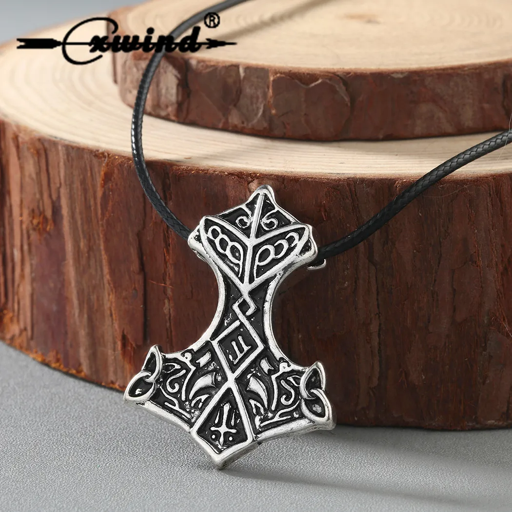 Cxwind Nordic Vikings Amulet Pendant Necklace Legendary Viking Odin\'s Knot Hammer Runes Pendant Necklace Man Talisman Jewelry