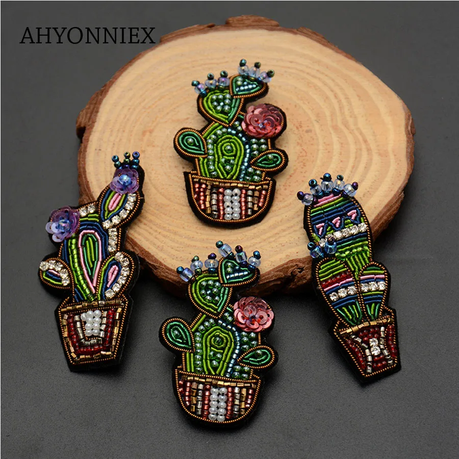 AHYONNIEX India Silk Badage Cactus Patches DIY applique Pin On mental Brooch Clothes Shoes Bags Decoration Creative Badge