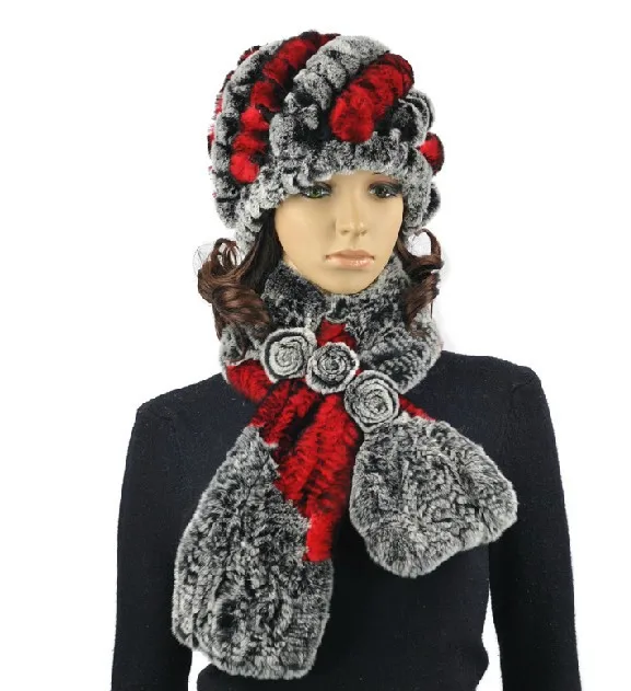 fur hat and scarf set for women girls winter hat set of natural rex rabbit fur furry beanie hat scarf gray red Best giftsH314