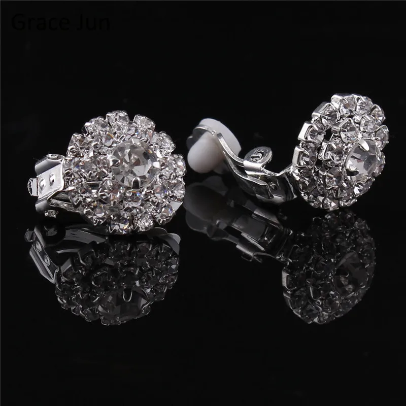 Grace Jun New Arrival Double Round Rhinestone Clip on Earring No Pierced for Women Party Charm Fine Jewelry Bijouterie