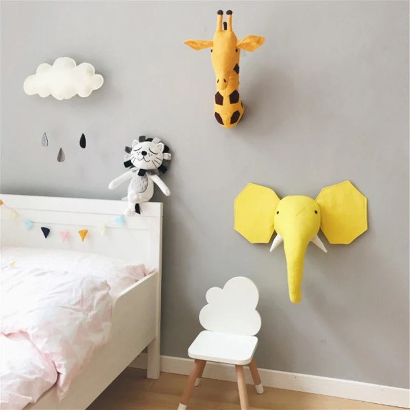 3D Animal Elephant Deer Zebra Rabbit Tiger Head Wall Mount Stuffed Toys Bedroom Decor Felt Artwork Wall Hanging Dolls Photo Prop