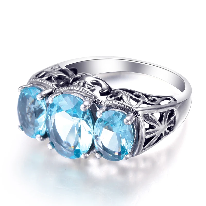 Szjinao Bohemian Big Shape Vintage Party Finger Ring Moonlight Blue Aquamarine 925 Sterling Silver Jewelry Rings Wholesale