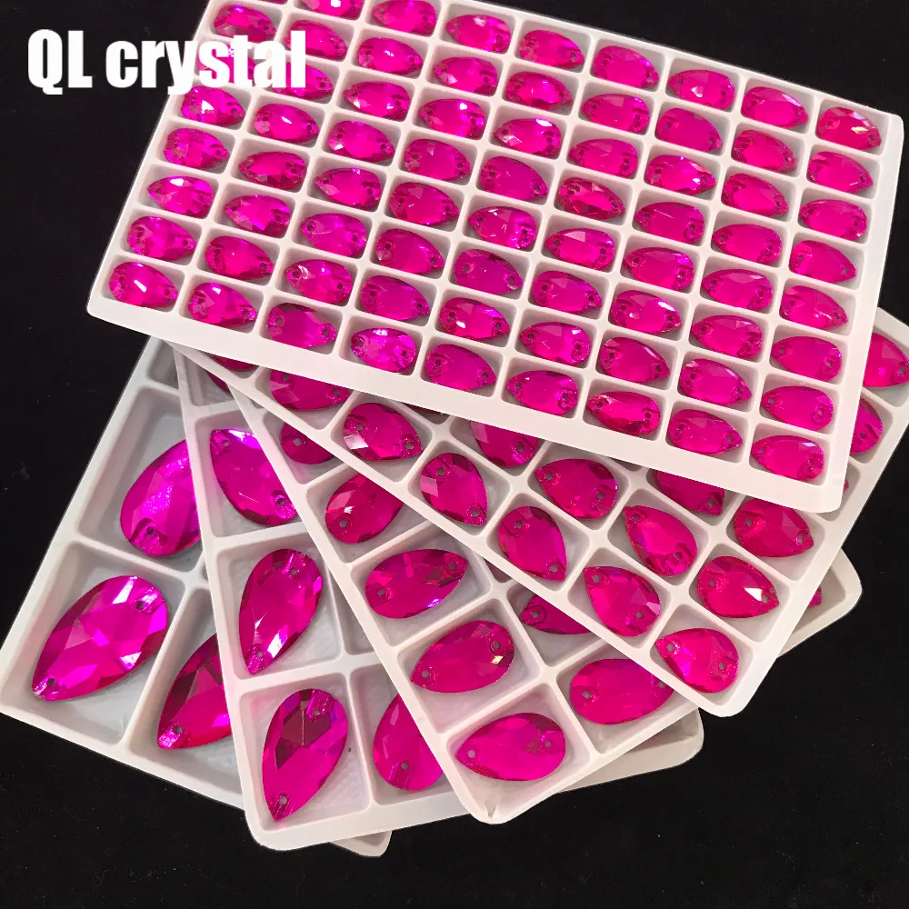 QL Crystal 2018 popular Rose red Drops Sew On Crystals for Craft Sewing On Rhinestone 2 Holes DIY Garment Dress Making