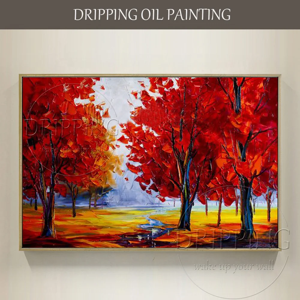 Hand-painted Vivid Colors Wall Art Picture Maple Tree Oil Painting on Canvas Wall Picture Landscape Maple Forest Oil Painting