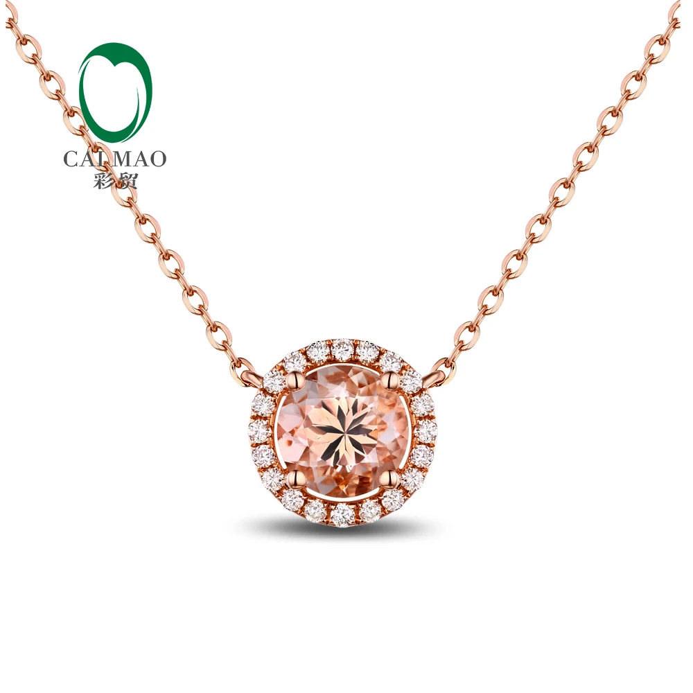 Caimao Jewelry 1.24ct VS 7mm Round Morganite Diamond Real 18k Rose Gold Engagement Pendant