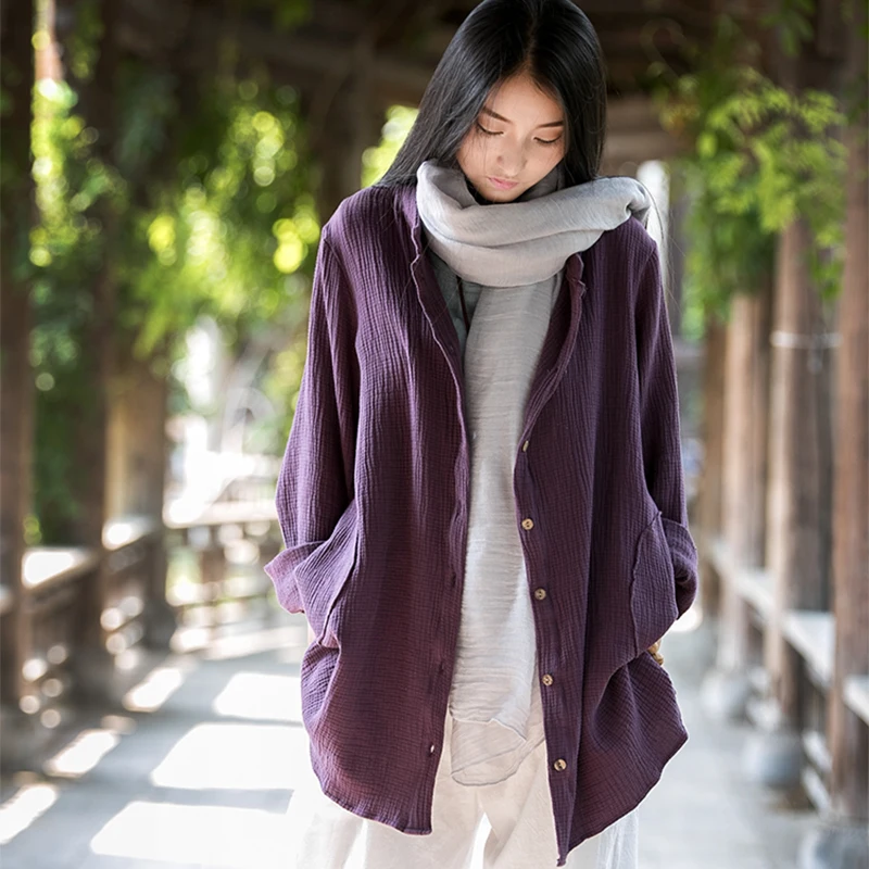 Double Cotton linen Cardigan spring and autumn shirt outwear soft comfortable long sleeve button blouse coat chemise femme