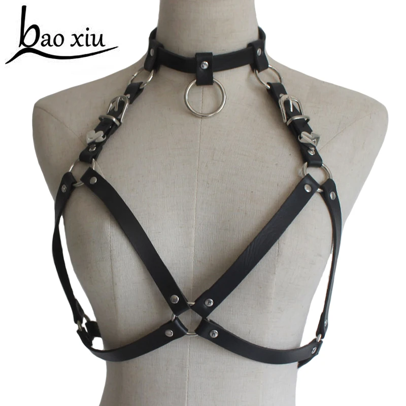 

Hot Women harness Bra body crop top metal Leather Adjust Cage bra harness Sexy body stocking Goth harajuku harness belts