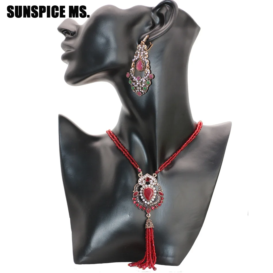 SUNSPICE MS African Beads Jewelry Sets Flower Drop Earrings Long Tassels Charm Necklace Bridal Ethnic Wedding Engagement Bijoux