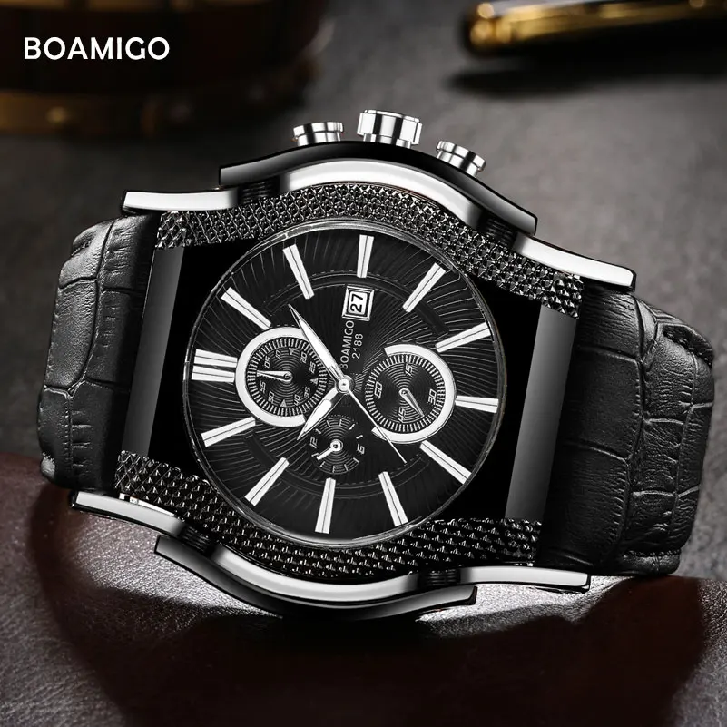 luxury mens watches BOAMIGO brand men quartz watch genuine leather wristwatches big dial auto date gift clock relogio masculino