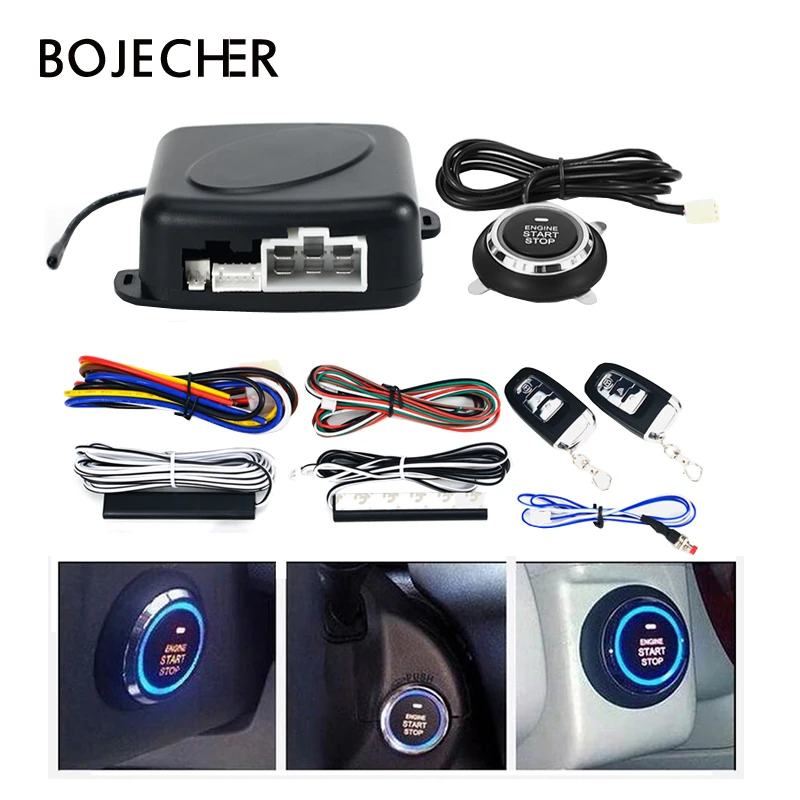 9Pcs Car Start Alarm Burglar Systems Engine Push One Start Stop Button Anti-theft PKE Keyless Entry System with Remote control