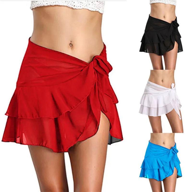 2018 Sexy Women Beach Wear Solid Skirt Bandage Ruffle Wrap High Split Short Mini Skirt New Summer Transparent Clubwear Skirts