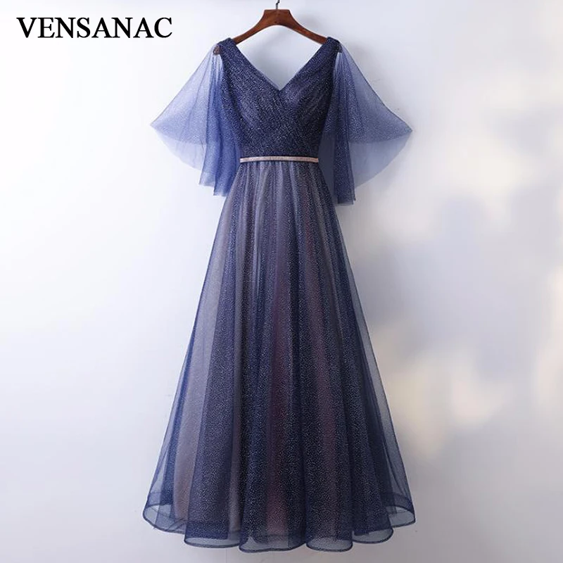 

VENSANAC 2018 V Neck Sequined Sash Tulle Long Evening Dresses Elegant Party A Line Lace Pleat Backless Prom Gowns