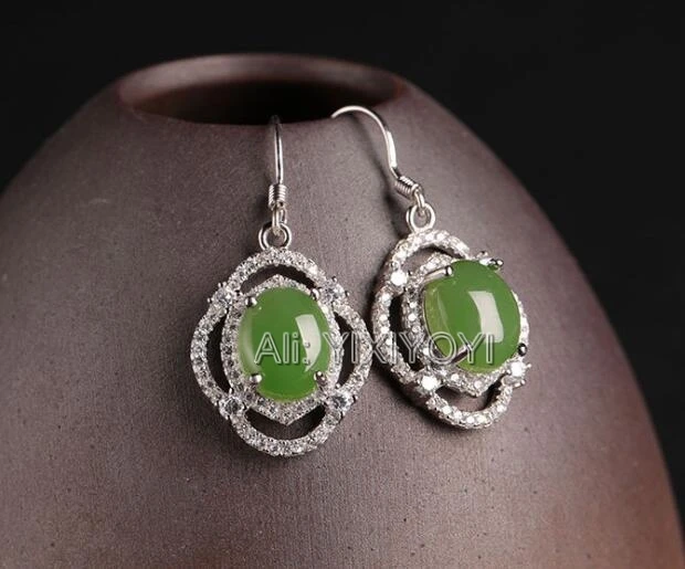 Beautiful 925 Silver Green HeTian Jade Beads Inlay Hollow Drop Dangle Earrings Girls Lucky Charm Earring Ear Jewelry Certificate