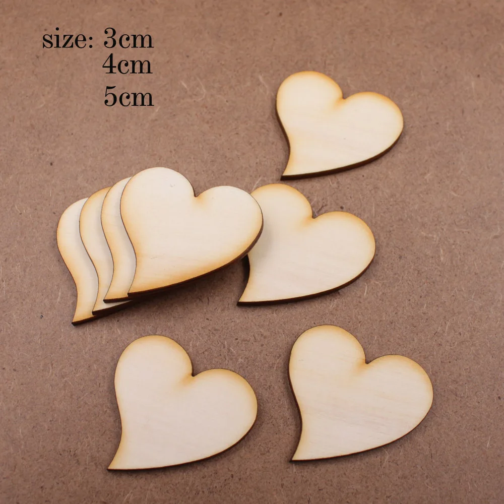 Simple DIY 100pcs Wood heart love blank unfinished natural crafts supplies wedding ornaments Varnished Lovely Patten for Crafts