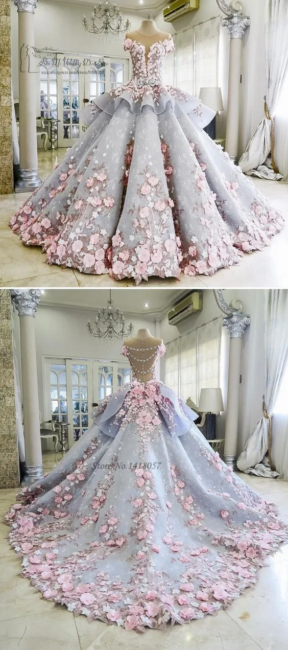 Colorful Luxury Wedding Dresses Pink Flowers Dreamy Ball Gown Wedding Gowns Princess Bride Dress 2017 Vestido de Noiva Mariage