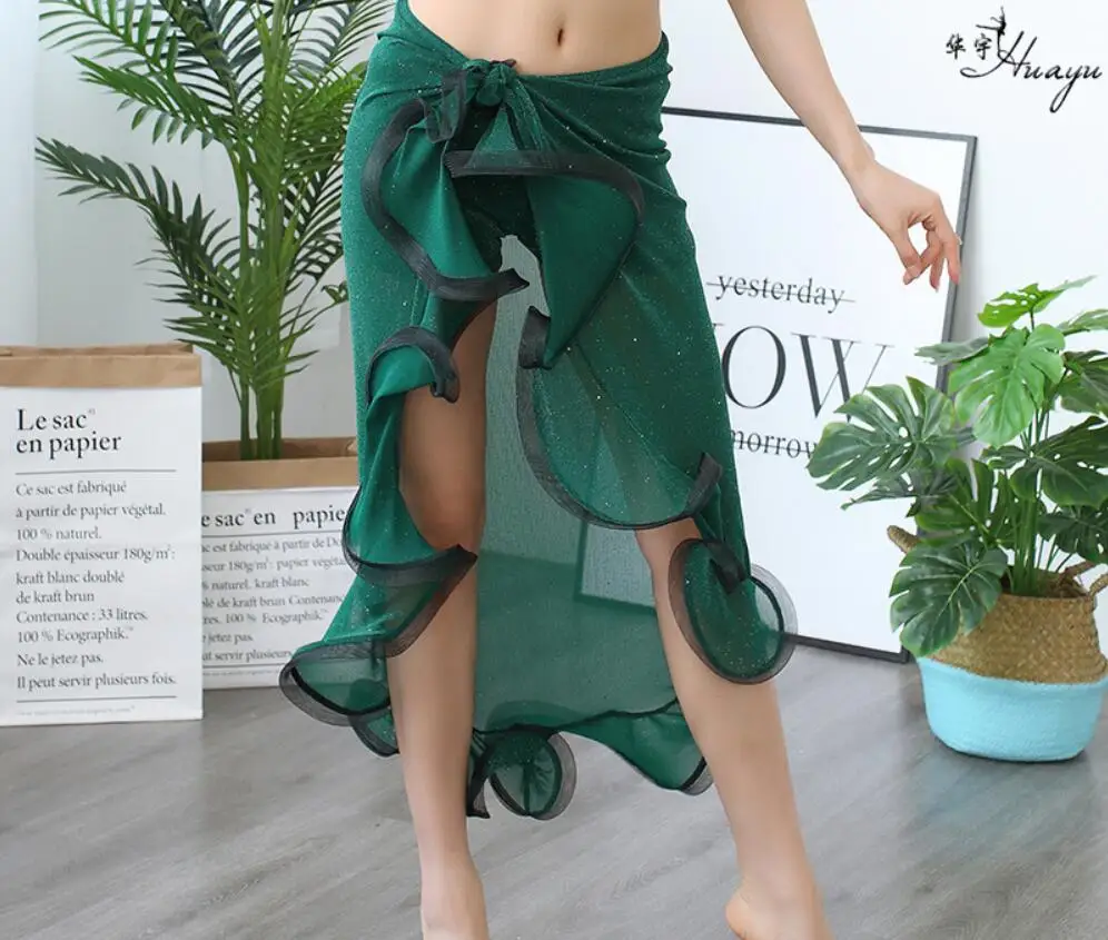 Belly Dance Costume For Women Belly Dancing Skirt Wrap Hip Scarf With Ruffles Side Slit Practice Show Dark Green Korea Design