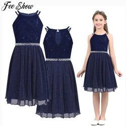 6-14T Teen Girls Sleeveless Sequined Floral Lace Shiny Dress Vestido de festa for Weeding Formal Birthday Party Summer Dresses