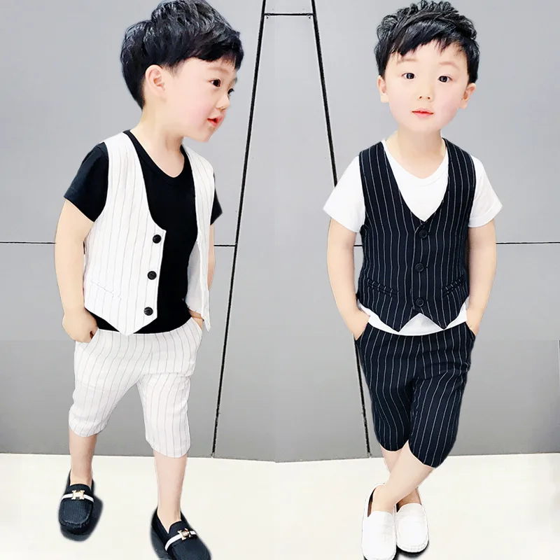 

Summer Flower Boys Striped Vest Sets Children Gentleman British Vest Shorts 2pcs Outfits Kids Birthday Party Performance Costume