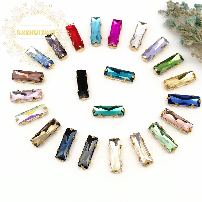 5*10 5*15 Mix Color Rectangle Glass Crystal Rhinestone Sew On Rhinestones With Gold Claw Diy Wedding Dress Accessories 20Pcs/Bag