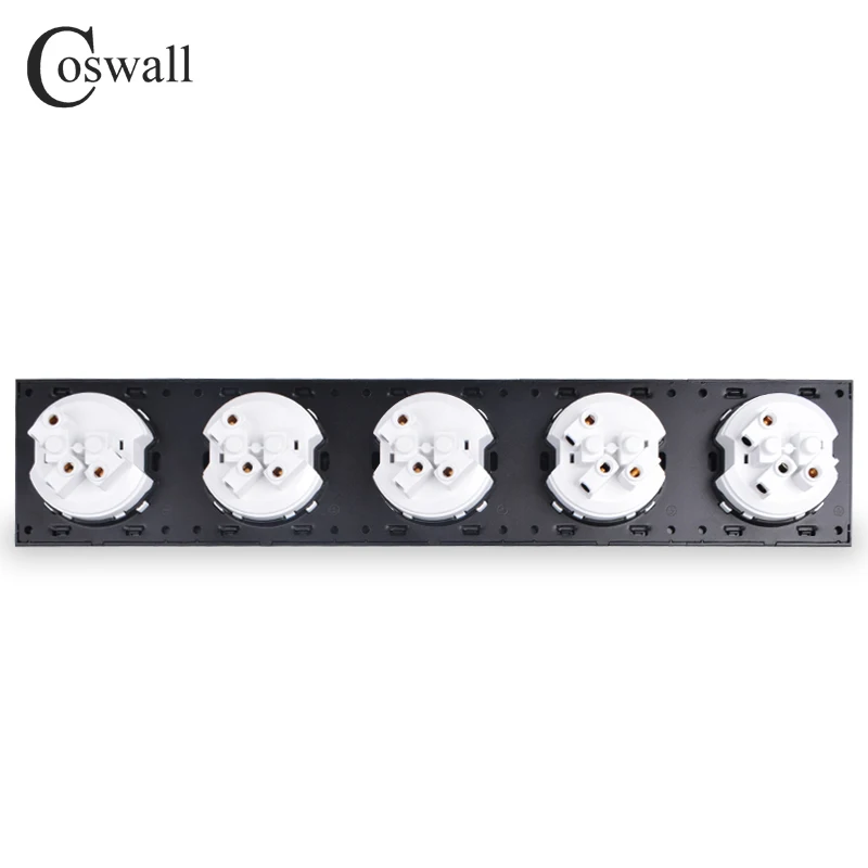 Coswall Black / Silver Grey Brushed Aluminum Metal Panel Quintuple EU Russia Wall Socket Grounded With Children Protective Door