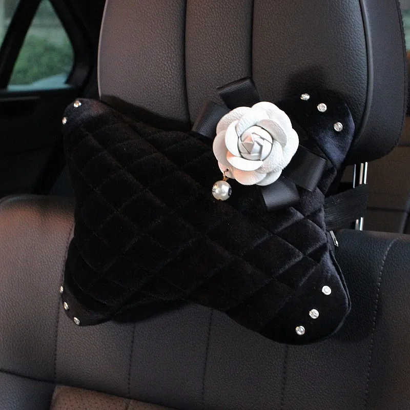 Winter Plush Flower Car Seat Interior Accessories Crystal Steering Wheel Cover Auto Headrest Neck Supports Gear Shifter Cover