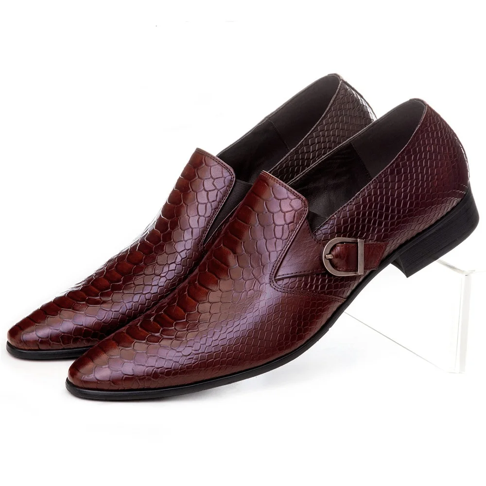 Large Size Eur45 Brown Tan / Black Serpentine Monk Strap Loafers Business Shoes Genuine Leather Dress Shoes Male Wedding Shoes