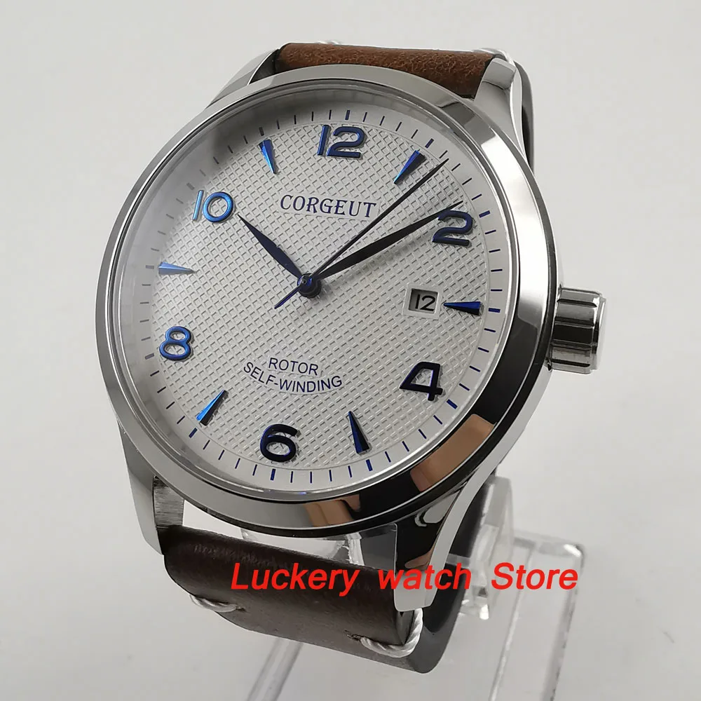 42mm corgeut men's watch white dial blue hands and marker sapphire glass Automatic watch-CA40