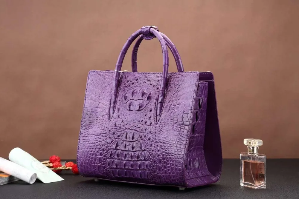 High End quality genuine crocodile skin leather lady tote bag purple color alligator head skin women tote cross body bag red