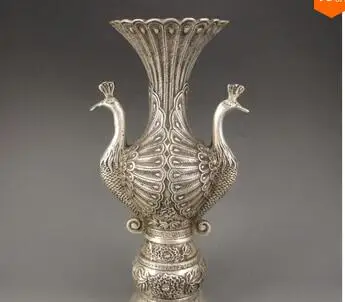 

HANDWORK UNIQUE SILVER COPPER ELEPHANT Chinese Silver Bronze Handwork 2 Peacock Shape Vases w Ming Dynasty XuanDe Mark