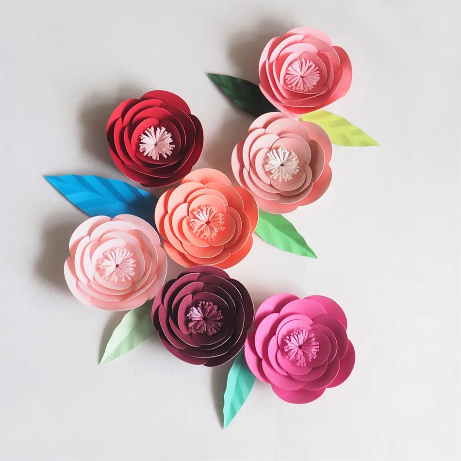 DIY Mini Paper Artificial Flowers Wedding Fleurs Artificielles Backdrop Artificial Rose 7PCS + 6 Leave Bedroom Wall Deco Hot Mix