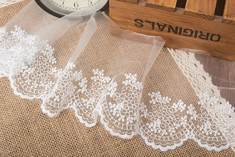 Lace Fabric with Flower Edge for Dress Sewing, Cotton Embroidery, Mesh Lace Trim, Off White Gauze, DIY, 11cm Width, 5Yds