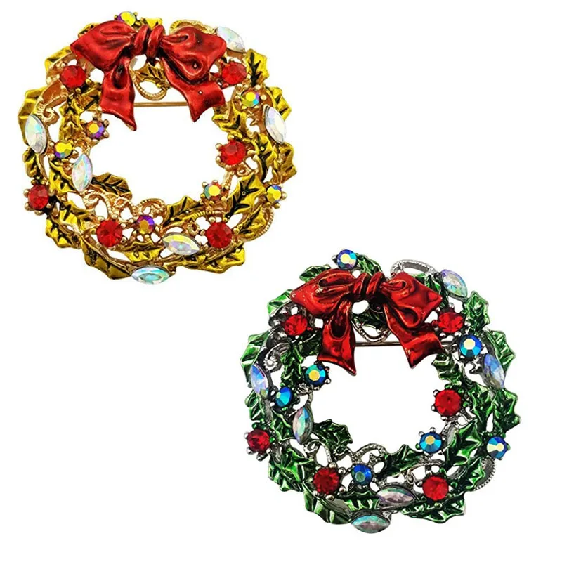 Red Green Enamel Rhinestone Wreath Christmas Brooch Pin Silver Tone