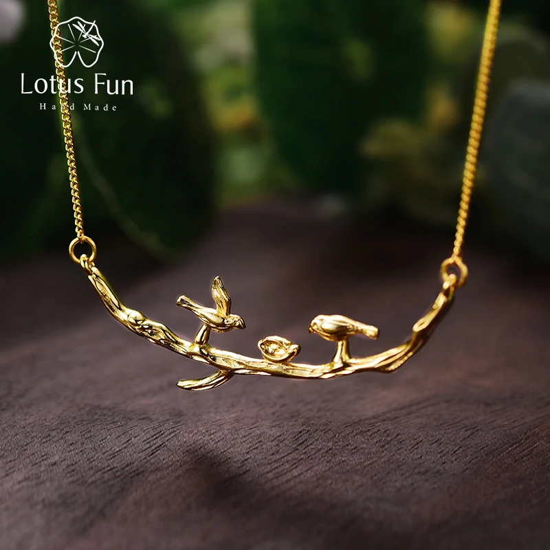 Lotus Fun Real 925 Sterling Silver Handmade Designer Fine Jewelry Cute Bird on Branches Necklace with Pendant for Women Collier