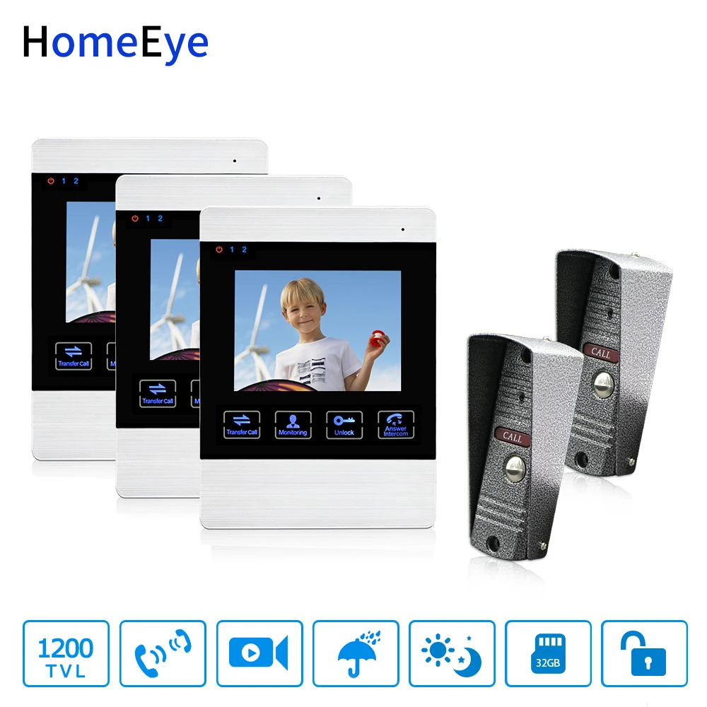 

HomeEye 4-Wired 2-3 Access System Video Door Phone Video Intercom Touch Button Doorbell Camera 4'' Monitor Video Record OSD Menu