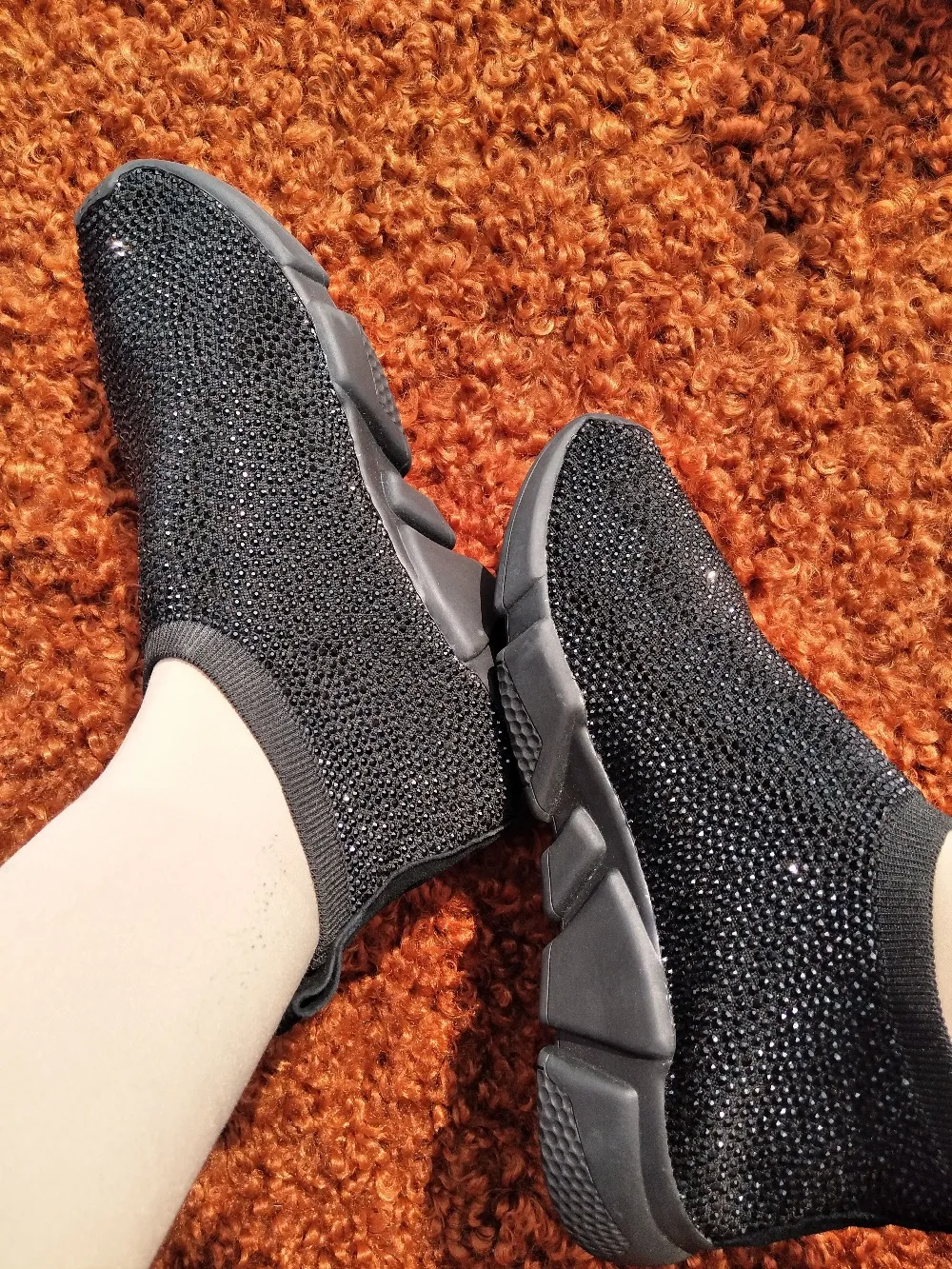 Elastic Stockings Sports Men And Women Model Black Short Neck Flat Bottom Handmade Rhinestone Sports shoes Knit Socks Size 34-45