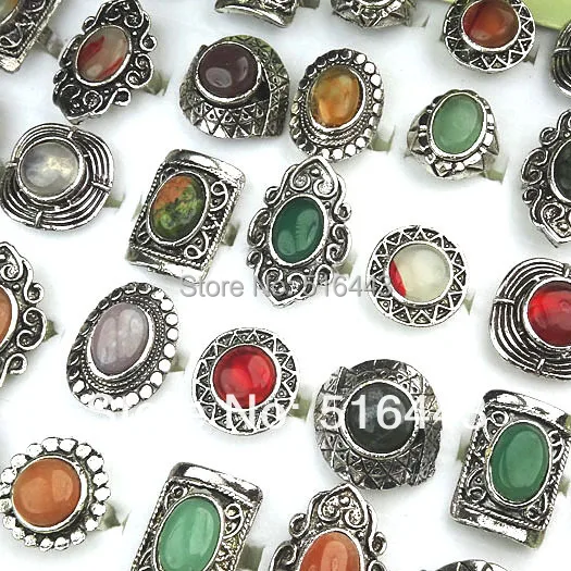 New 20pcs Wholesale Jewelry Lots Mix Natural Stones Antique Silver Plated Women Mens Adjustable Vintage Rings A-152