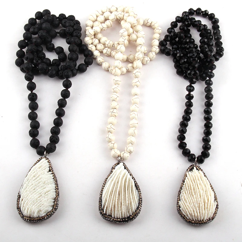 Fashion Bohemian Jewelry Stone and Glass Long Knotted Pendant Necklace Women Lariat Necklaces