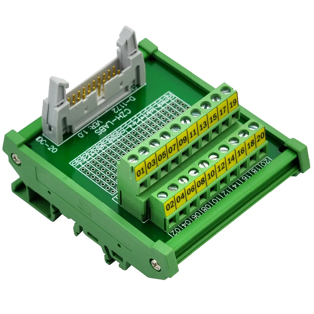 

CZH-LABS DIN Rail Mount IDC-20 Male Header Connector Breakout Board Interface Module, IDC Pitch 0.1", Terminal Block Pitch 0.2"