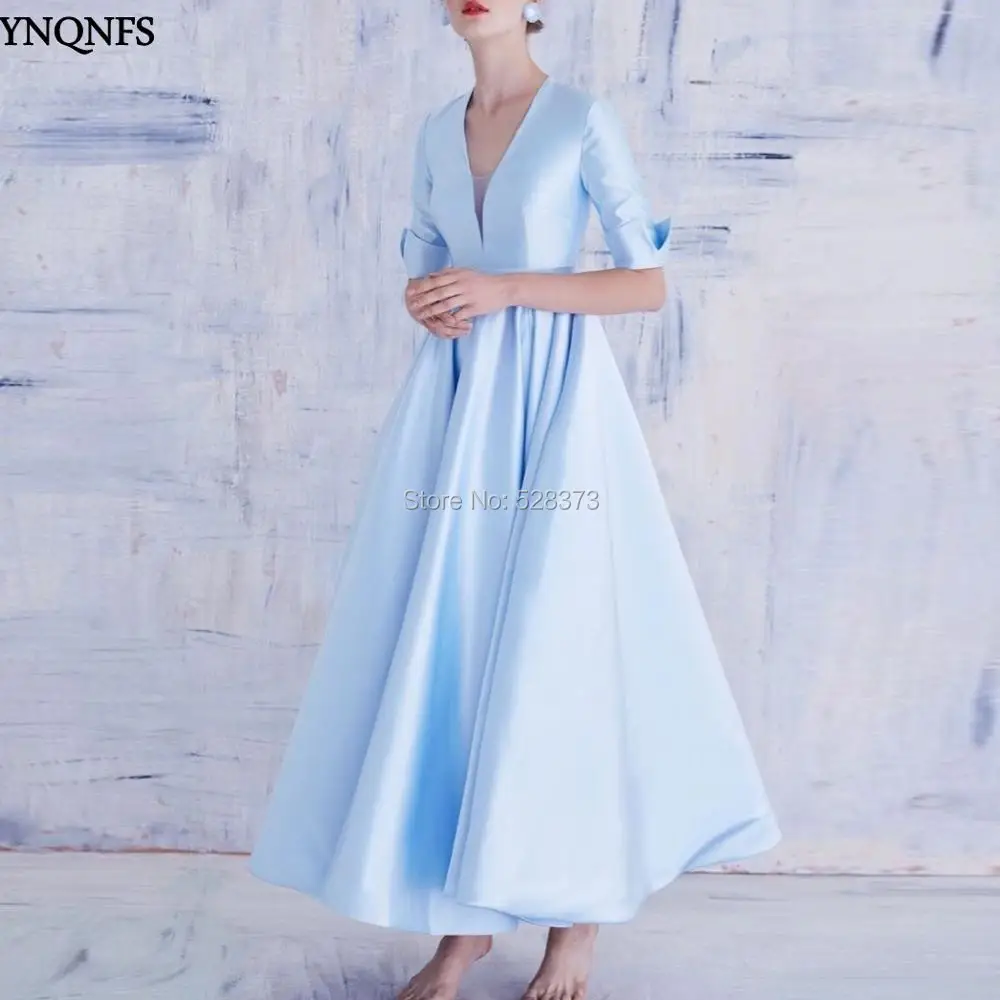 

YNQNFS MD141 Elegant Wedding Guest Dress V Neck Half Sleeves Mother of the Bride/Groom Dresses Outfits Vintage Light Blue 2019