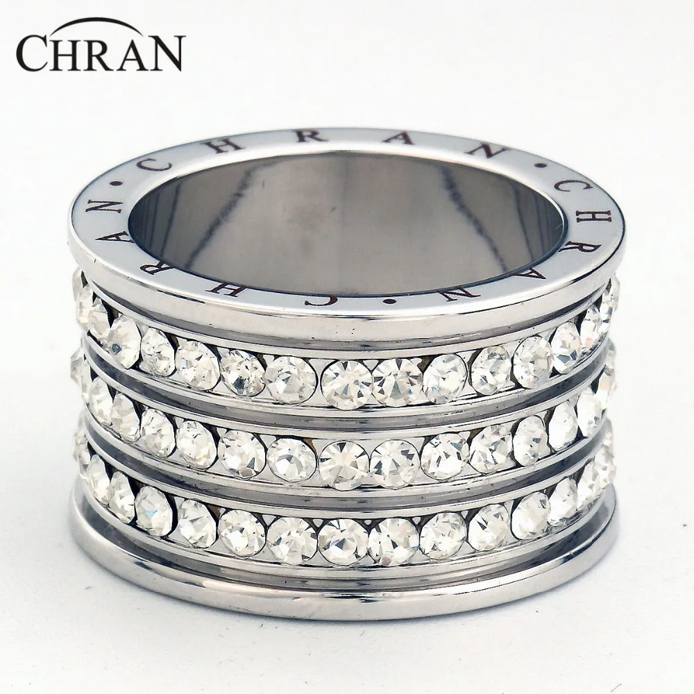 Chran Fashion 3 Pave Full Crystal Big Wedding Rings for Women Romantic Cubic Zirconia Ring Bague Femme Gold-Color Ring Female