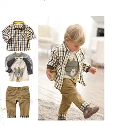 2015 New Spring Kids 3pcs Clothing Sets for Boys European Style Plaid Character Suits T shirt+Shirt+Retro Jeans Casual Set,YC020